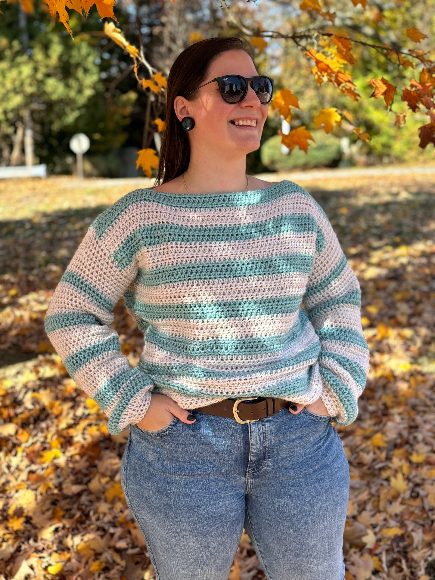 Teal and White Crocheted Sweater