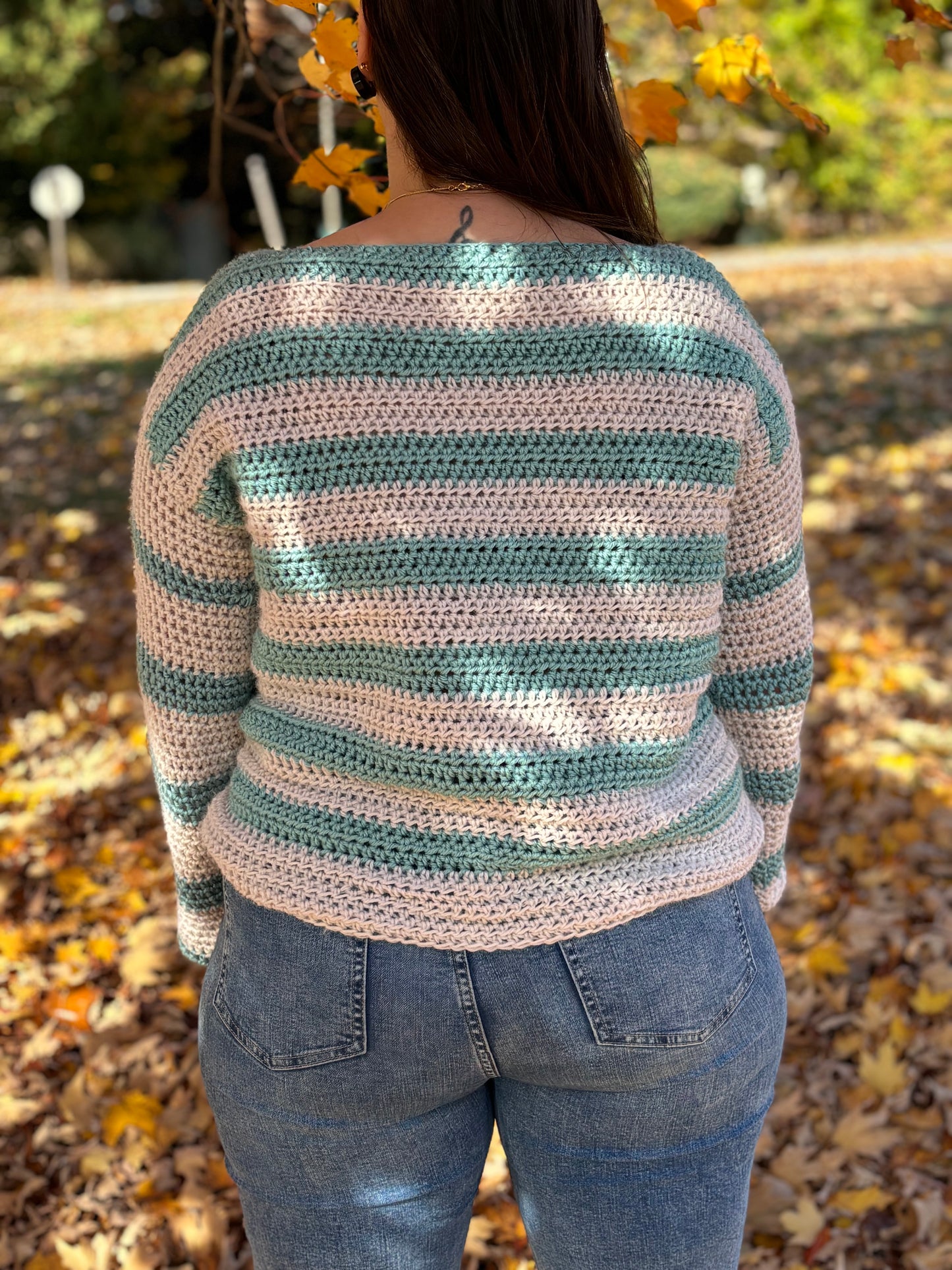 Teal and White Crocheted Sweater